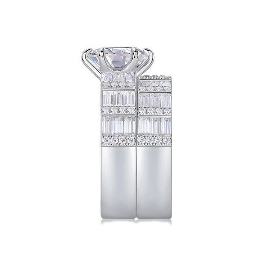 Round Moissanite Solitaire on Wide Baguette Band in 925 Silver
