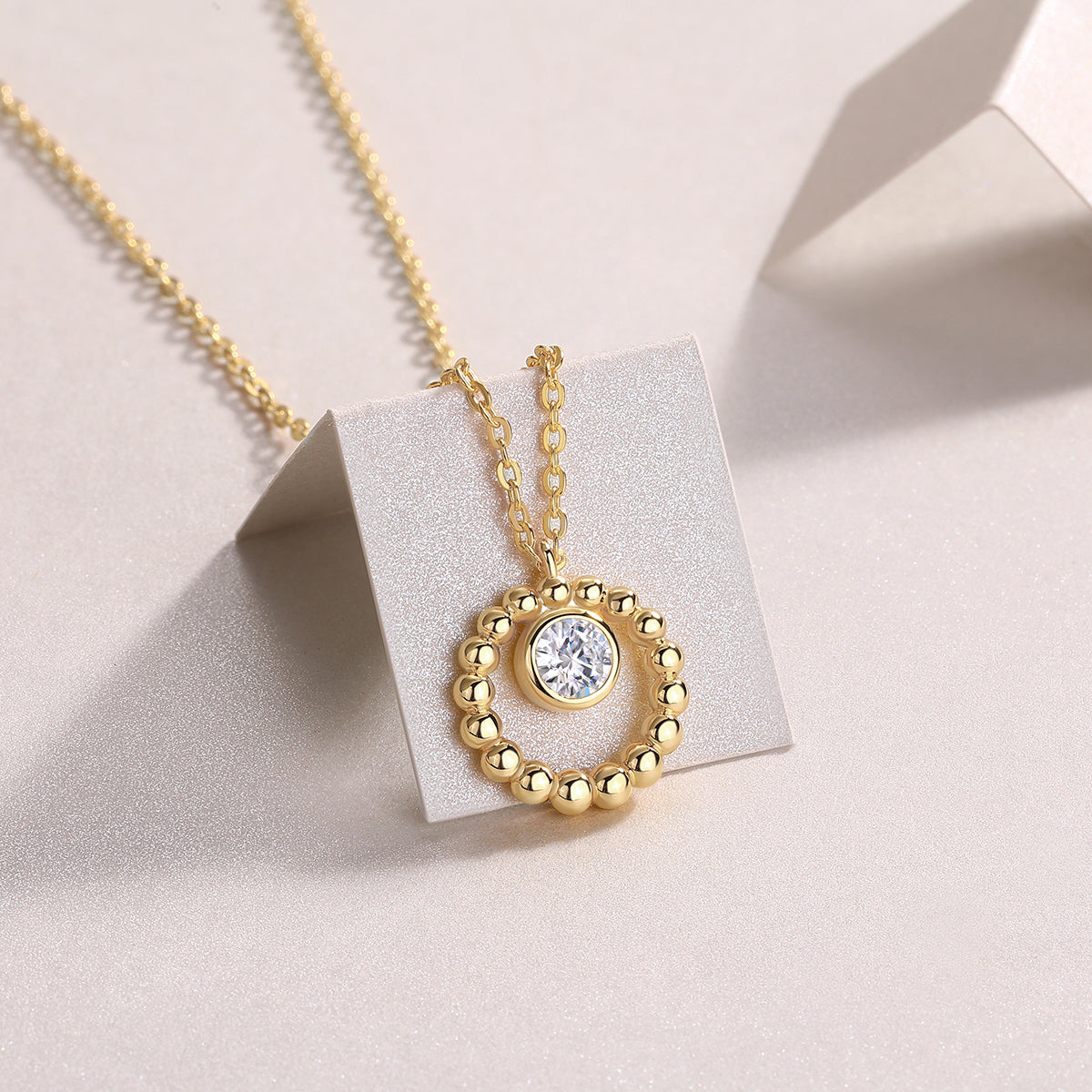 Round Moissanite Bezel Beaded Circle Pendant in Gold-Plated 925 Silver