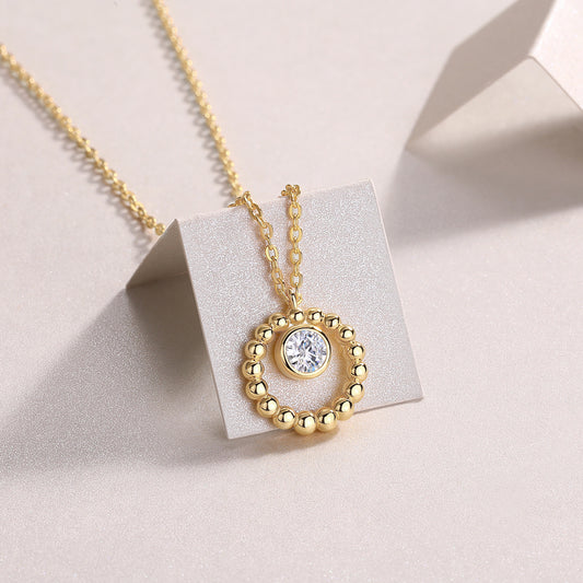 Round Moissanite Bezel Beaded Circle Pendant in Gold-Plated 925 Silver