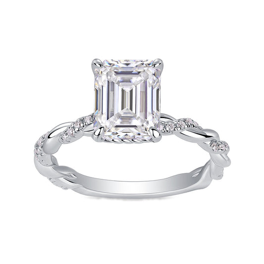 Emerald-Cut Moissanite Solitaire with Twisted Pave Band in 925 Silver