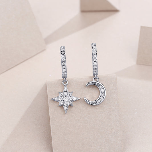 Moissanite Moon and Star Mismatched Huggie Drop Earrings in 925 Silver