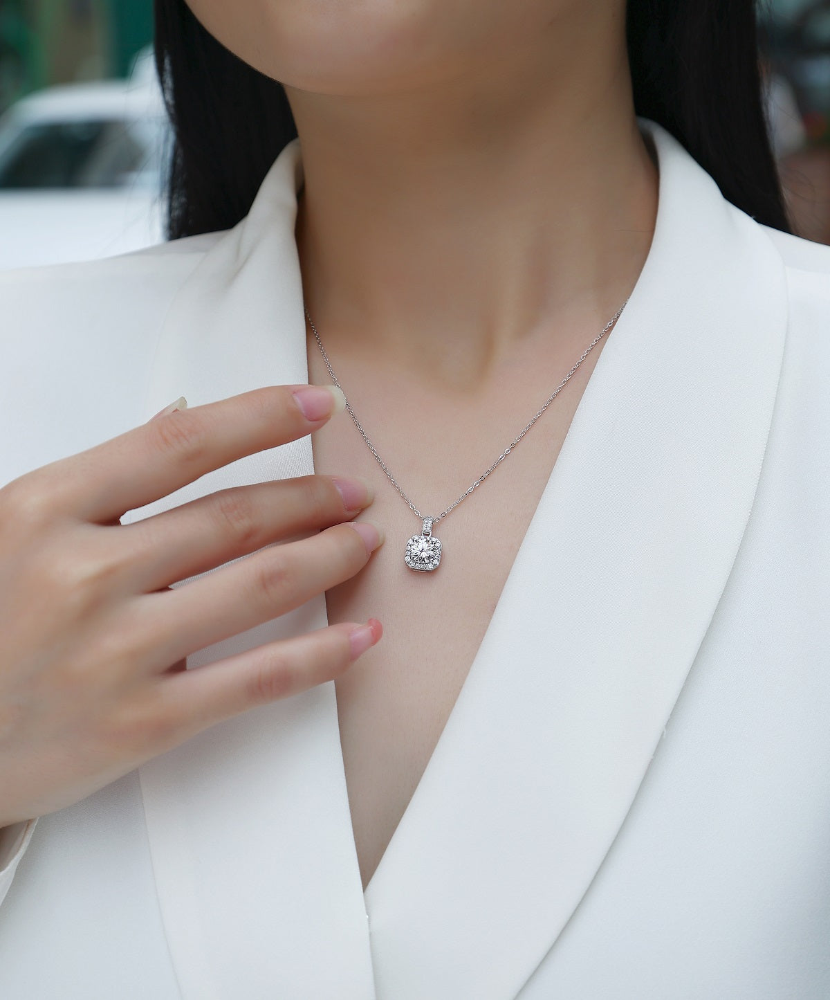 Round Moissanite Octagon Halo Pendant Necklace in 925 Sterling Silver - worn