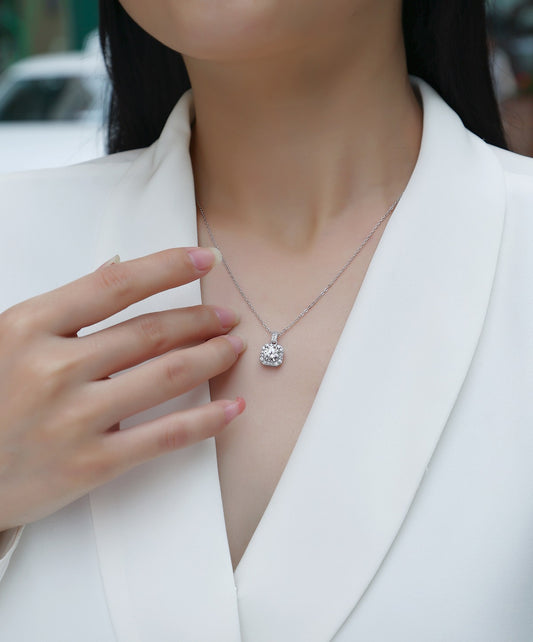 Round Moissanite Octagon Halo Pendant Necklace in 925 Sterling Silver - worn