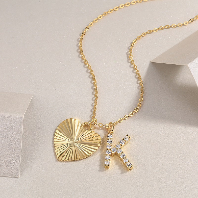 Moissanite Pave Initial and Fluted Heart Necklace in Gold-Plated 925 Silver