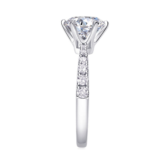 Round Moissanite Six-Prong Solitaire Ring with Pave Band in 925 Silver