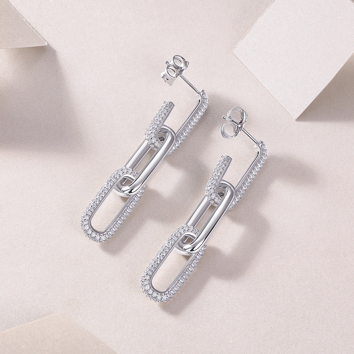 Pave Moissanite Paperclip Link Drop Earrings in 925 Sterling Silver