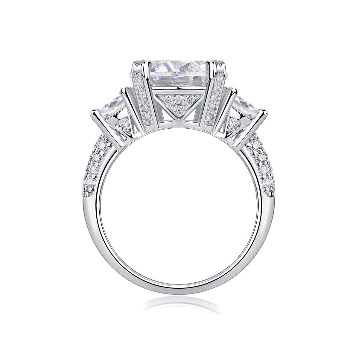 Round Moissanite Three-Stone Ring with Pave Band in 925 Sterling Silver