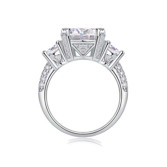 Round Moissanite Three-Stone Ring with Pave Band in 925 Sterling Silver