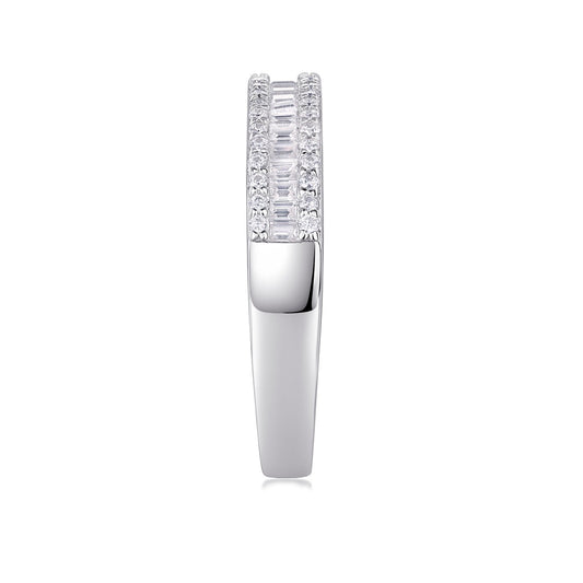 Baguette and Round Moissanite Three-Row Band in 925 Sterling Silver