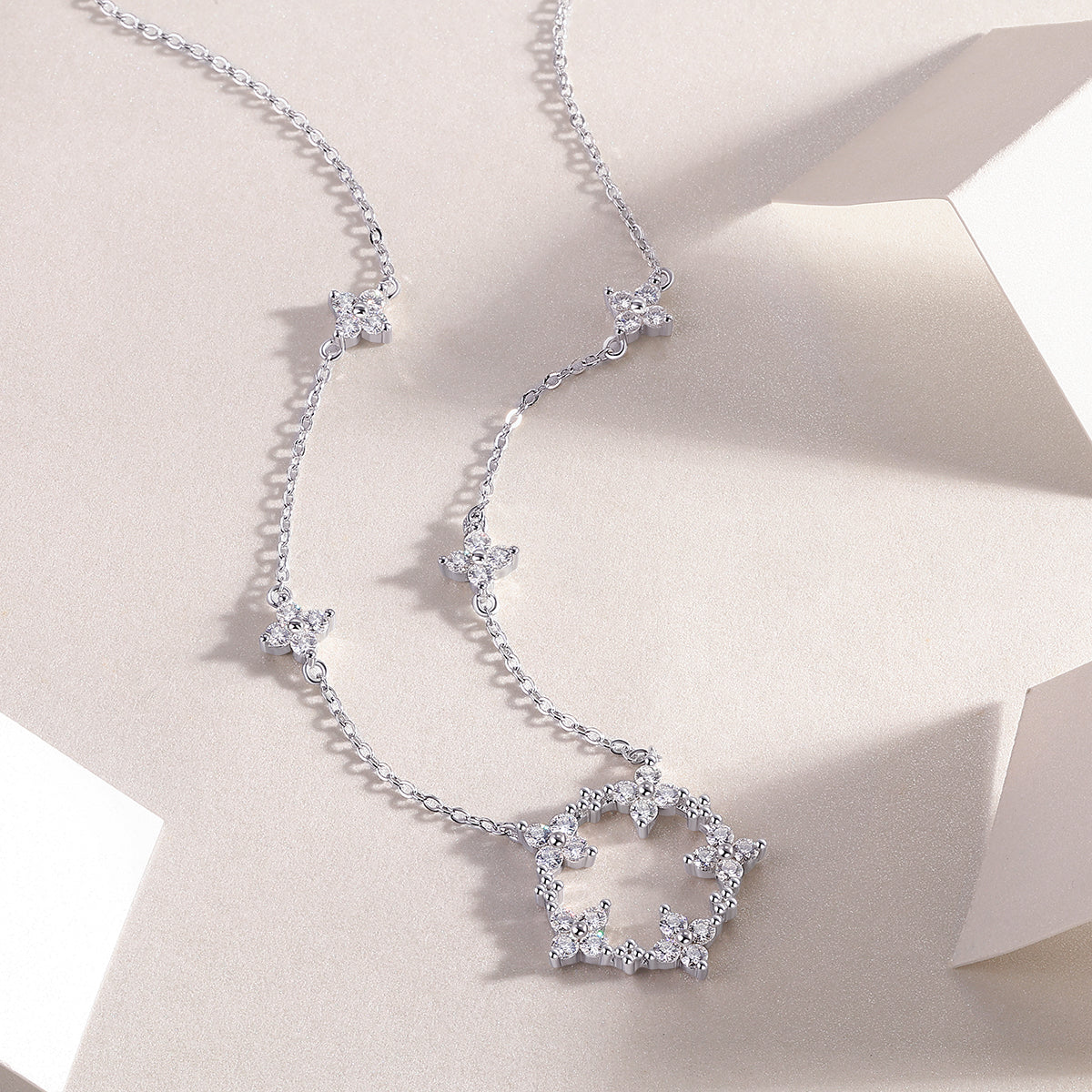 Moissanite Flower Station Necklace with Open Circle Pendant in 925 Silver