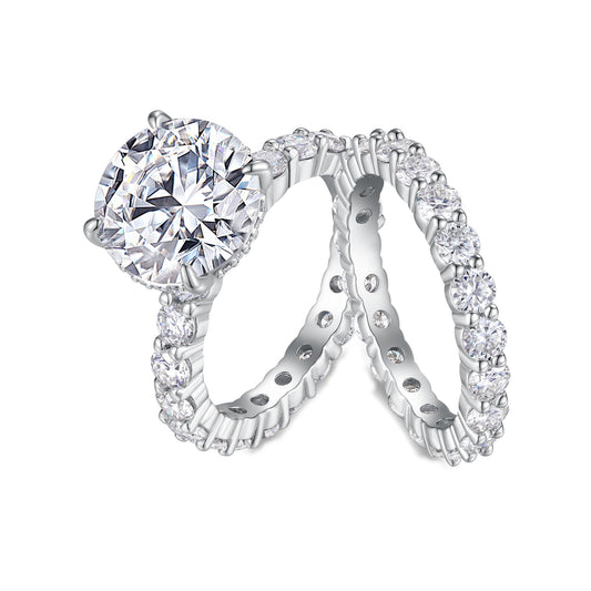 Round Moissanite Engagement Ring and Eternity Band Bridal Set in 925 Silver