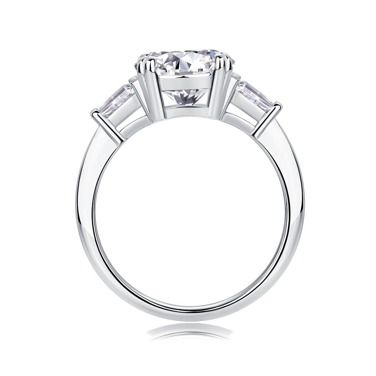 Round Moissanite Three-Stone Ring with Baguette Sides in 925 Silver