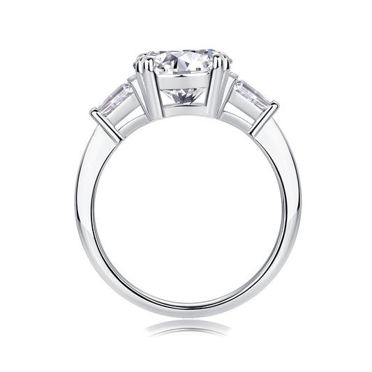 Round Moissanite Three-Stone Ring with Baguette Sides in 925 Silver