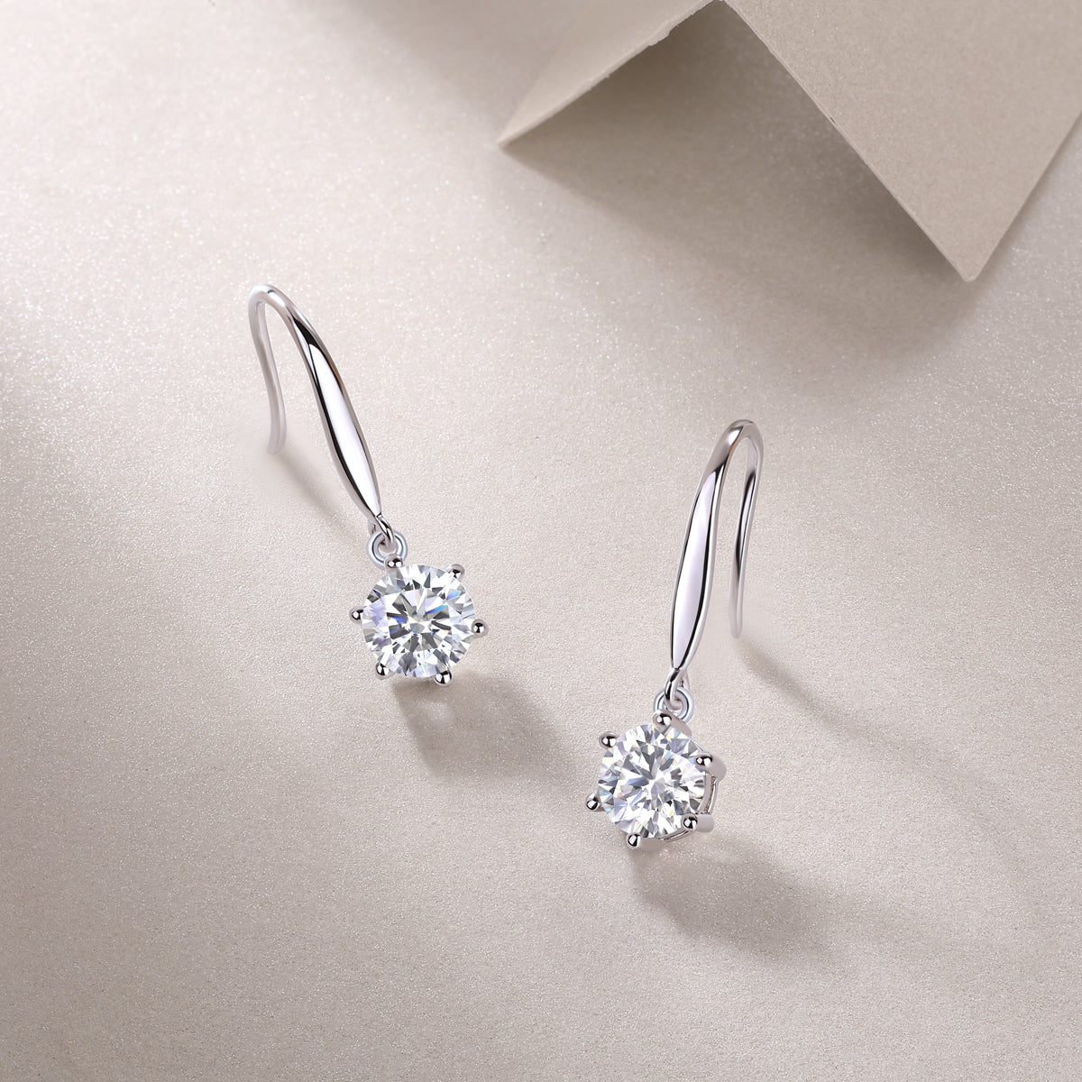 Round Moissanite Solitaire Drop Earrings on Long Hooks in 925 Silver