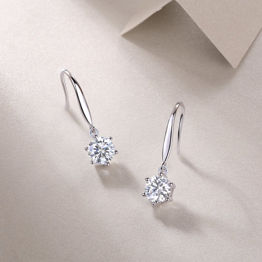 Round Moissanite Solitaire Drop Earrings on Long Hooks in 925 Silver