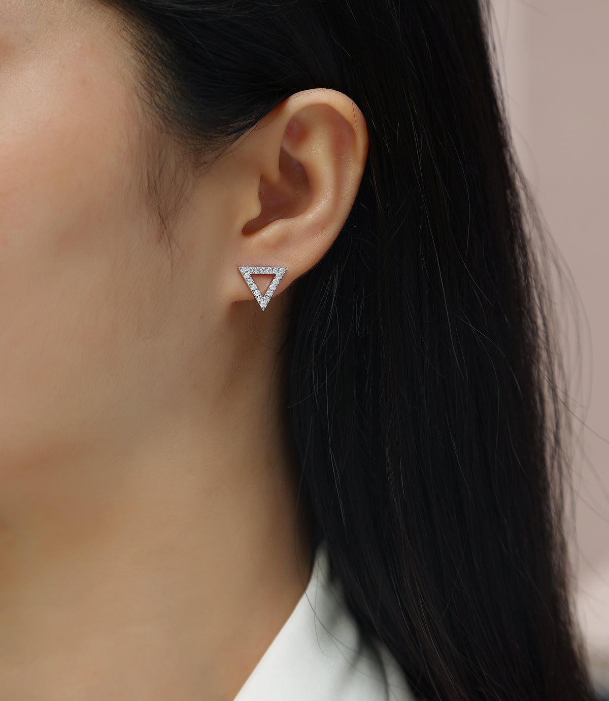 Geometric Triangle Moissanite Pave Stud Earrings in 925 Silver - worn