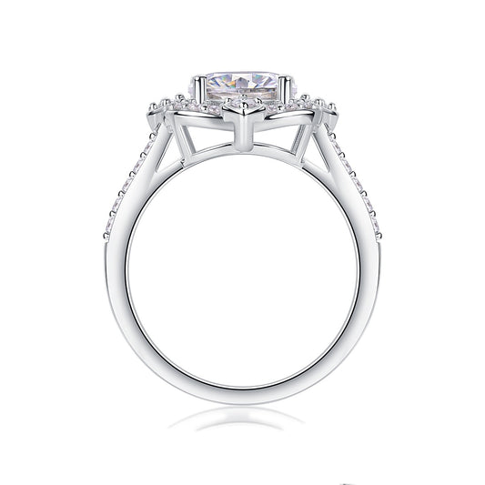 Oval Moissanite Ring with Floral Pave Halo in 925 Sterling Silver
