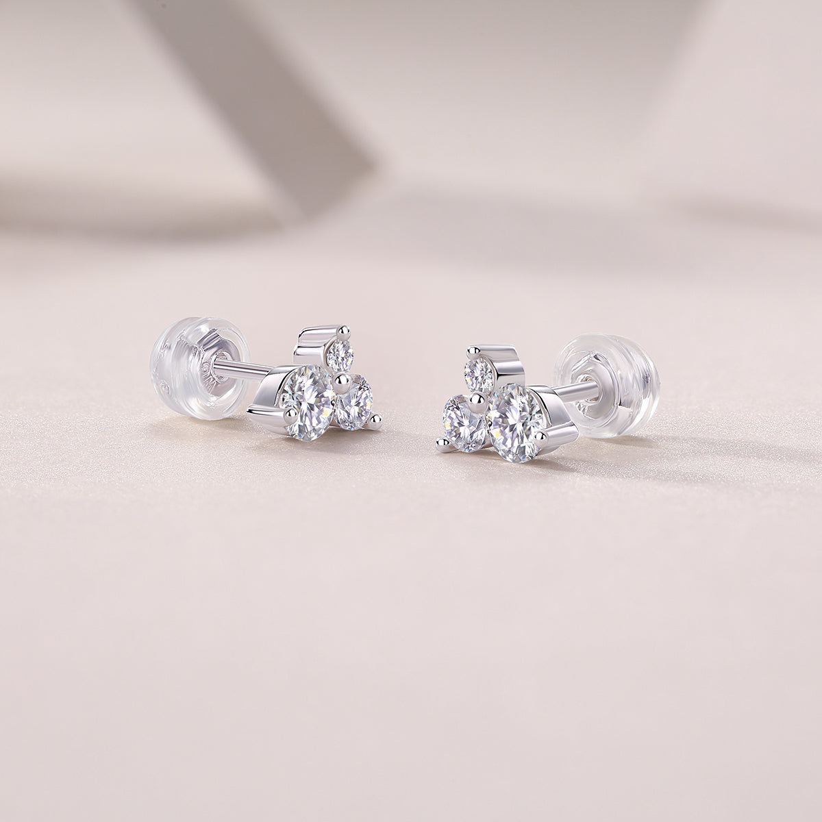 Round Moissanite Three-Stone Cluster Stud Earrings in 925 Silver
