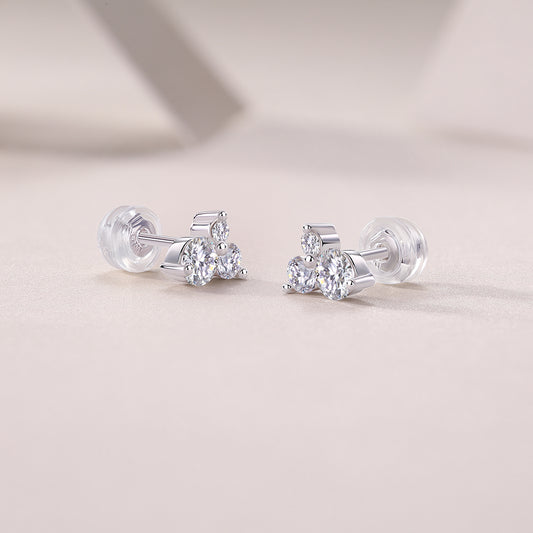 Round Moissanite Three-Stone Cluster Stud Earrings in 925 Silver