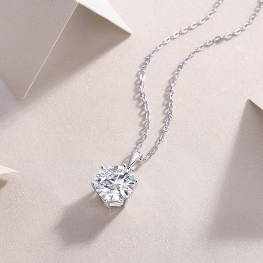 Round Moissanite Six-Prong Solitaire Pendant Necklace in 925 Sterling Silver