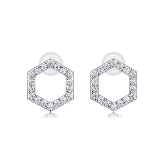 Moissanite Pave Open Hexagon Stud Earrings in 925 Sterling Silver