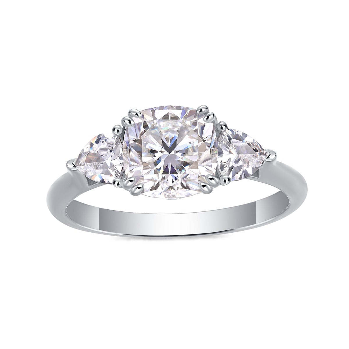 Cushion Moissanite Three-Stone Ring with Pear Sides in 925 Silver