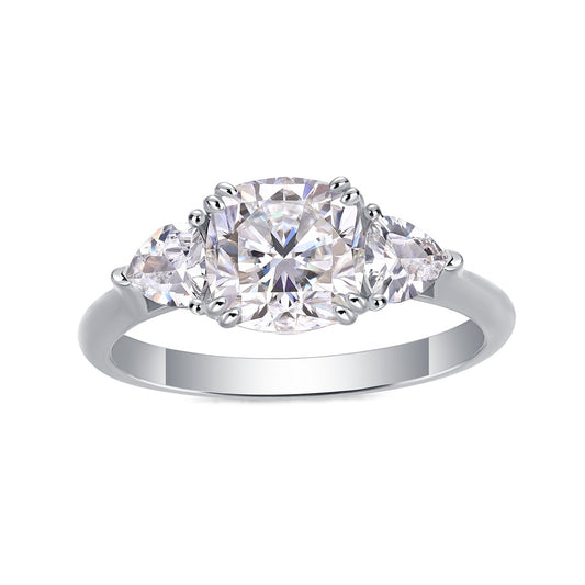 Cushion Moissanite Three-Stone Ring with Pear Sides in 925 Silver