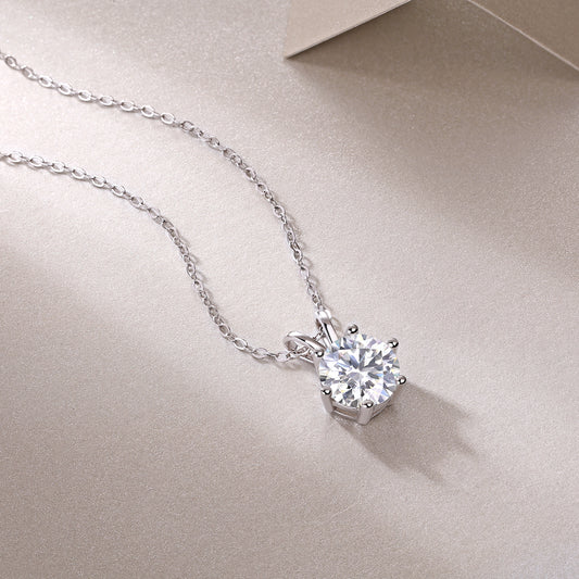Round Moissanite Six-Prong Solitaire Pendant Necklace in 925 Silver