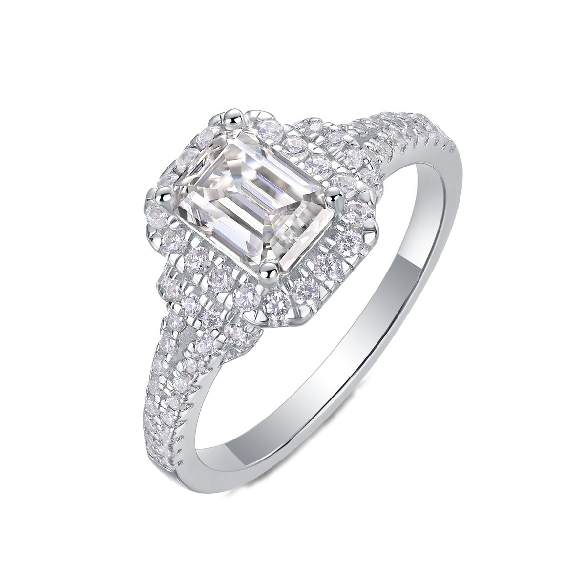 Emerald-Cut Moissanite Halo Ring with Split Pave Shank in 925 Silver