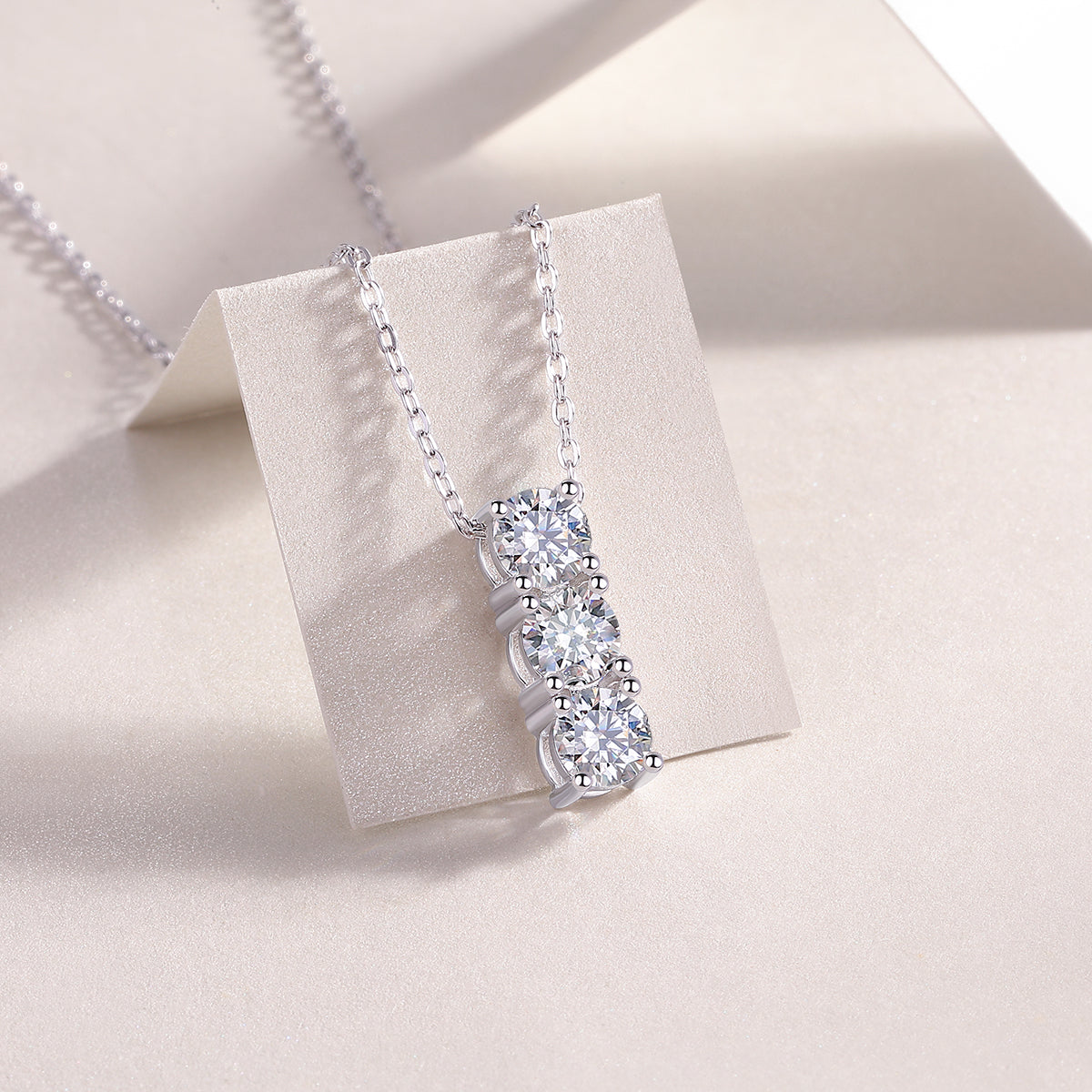 Three-Stone Round Moissanite Bar Pendant Necklace in 925 Sterling Silver