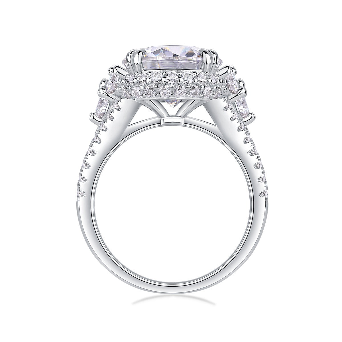 Round Moissanite Statement Ring with Side Stones and Pave Band in 925 Silver