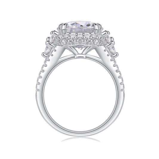 Round Moissanite Statement Ring with Side Stones and Pave Band in 925 Silver