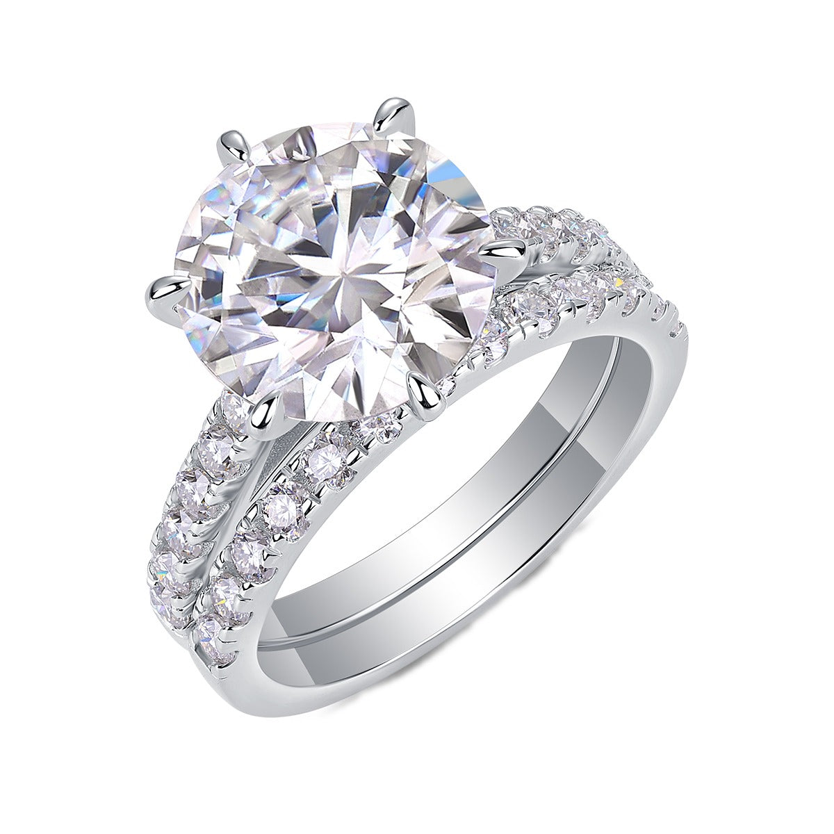 Round Moissanite Six-Prong Bridal Ring Set in 925 Sterling Silver