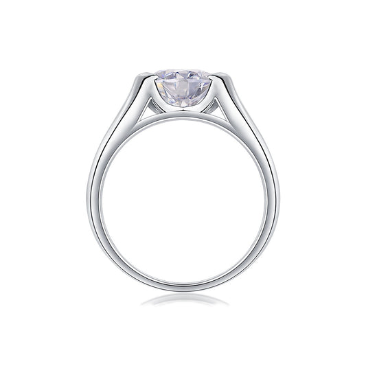Round Moissanite Half-Bezel Solitaire Ring with Wide Band in 925 Silver