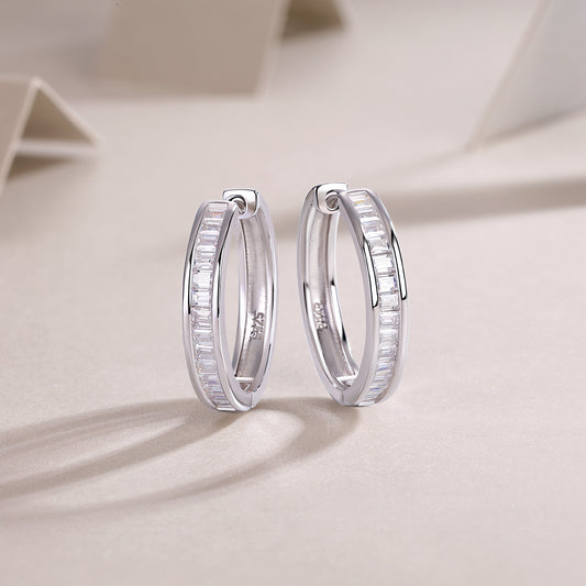 Channel-Set Baguette Moissanite Hoop Earrings in 925 Sterling Silver