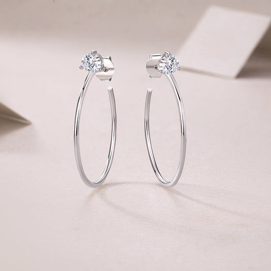 Round Moissanite Three-Prong Solitaire Hoop Earrings in 925 Silver
