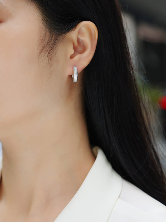 Moissanite Three-Row Pave Huggie Hoop Earrings in 925 Sterling Silver - worn
