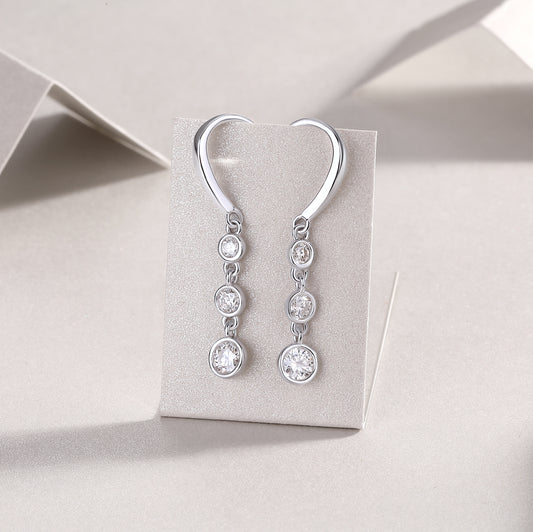 Round Moissanite Triple Bezel Drop Earrings in 925 Sterling Silver