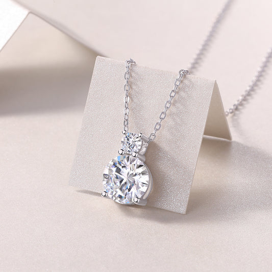 Round Moissanite Two-Stone Drop Pendant Necklace in 925 Silver