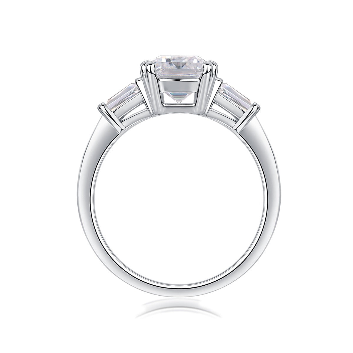 Emerald-Cut Moissanite Ring with Tapered Baguettes in 925 Silver