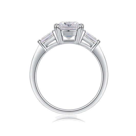 Emerald-Cut Moissanite Ring with Tapered Baguettes in 925 Silver