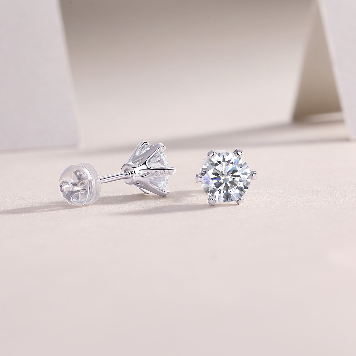 Round Moissanite Crown-Basket Stud Earrings in 925 Sterling Silver