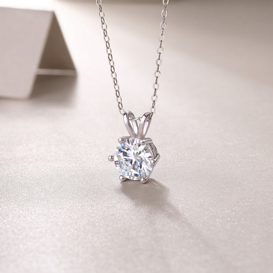 Round Moissanite Six-Prong Pendant Necklace with Split Bail in 925 Sterling Silver