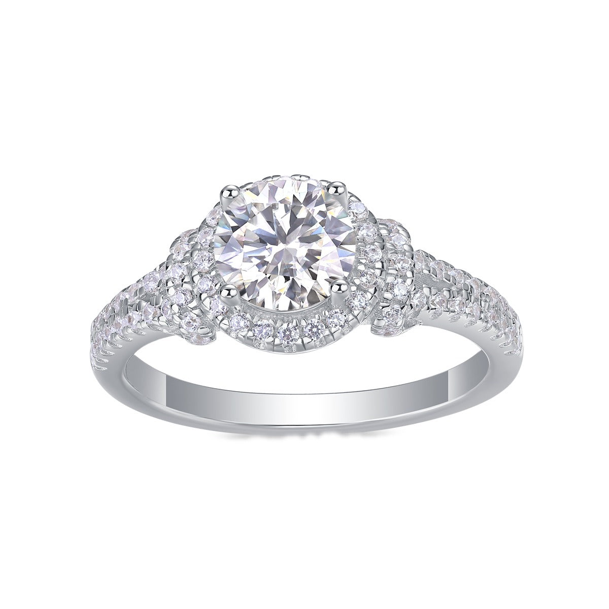 Round Moissanite Halo Ring with Split Pave Shank in 925 Silver