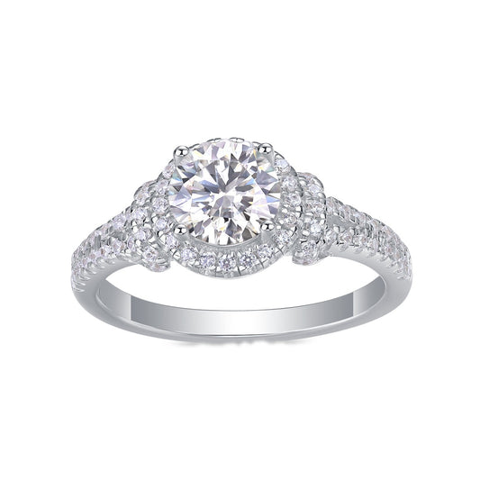 Round Moissanite Halo Ring with Split Pave Shank in 925 Silver