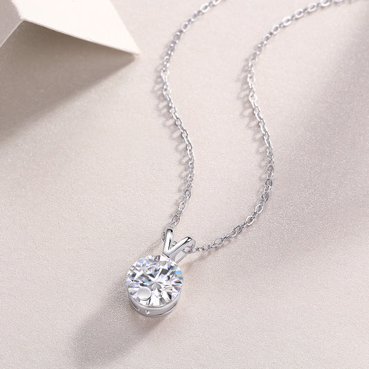 Round Moissanite V-Bail Solitaire Pendant Necklace in 925 Sterling Silver