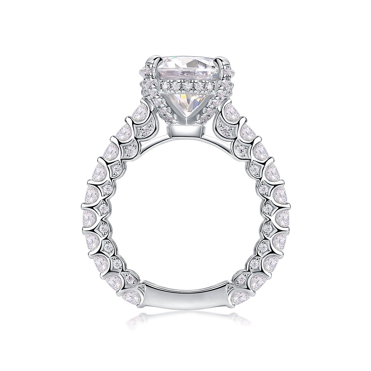 Round Moissanite Four-Prong Solitaire with Pave Band in 925 Silver