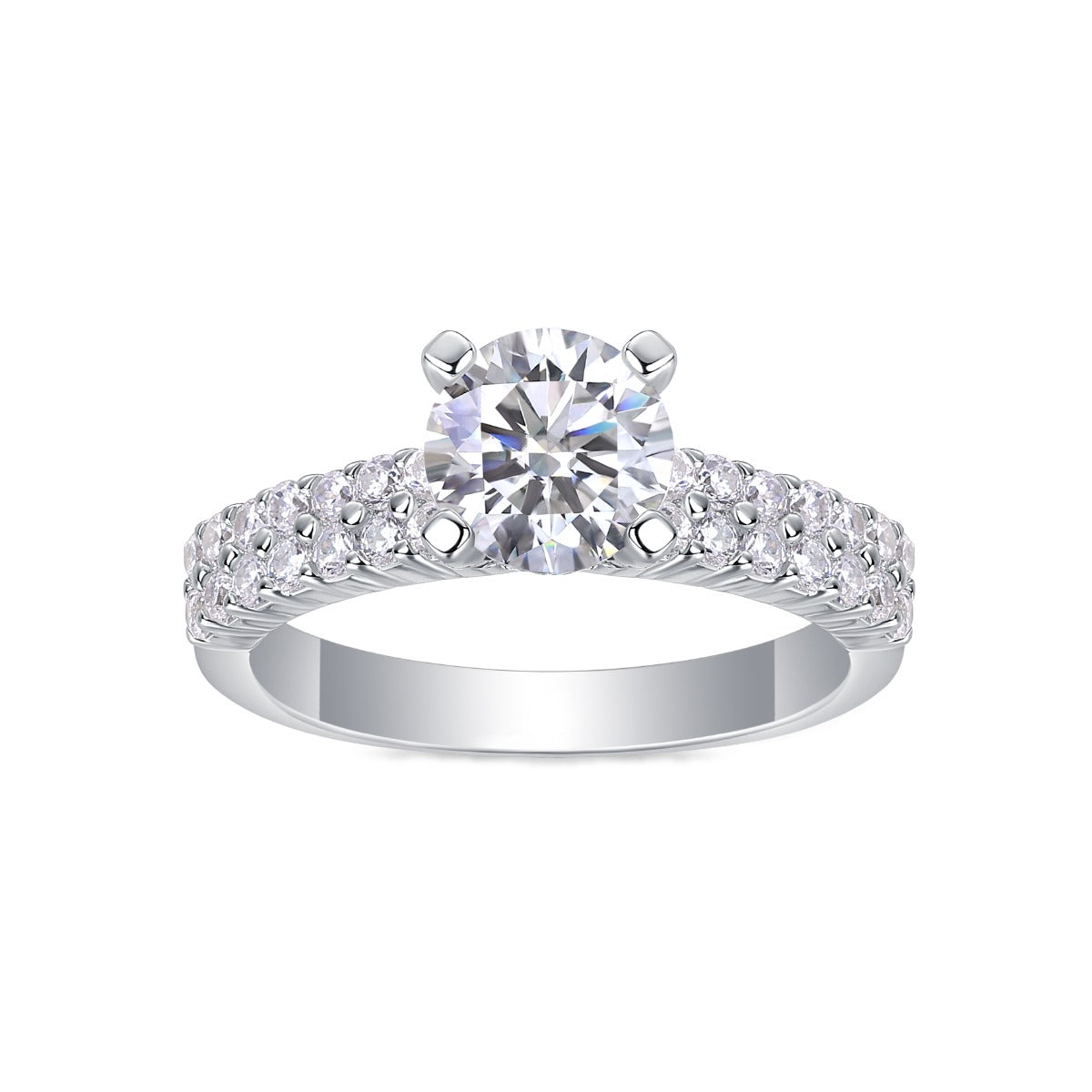 Round Moissanite Solitaire Ring with Shared-Prong Band in 925 Silver