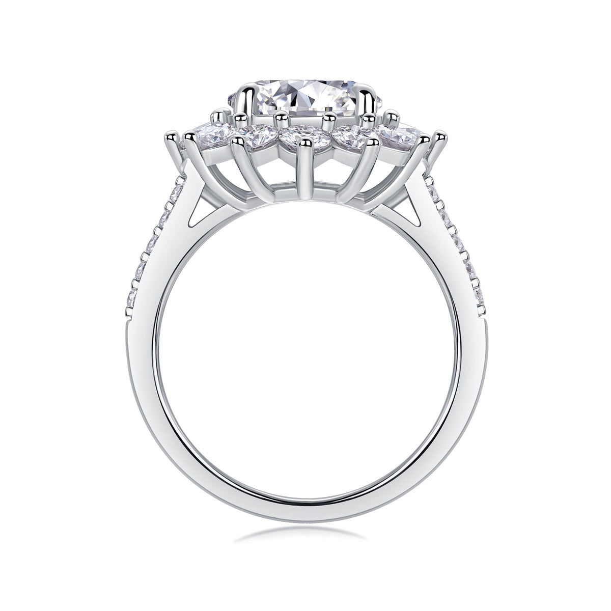 Round Moissanite Sunflower Halo Ring with Pear Petals in 925 Silver