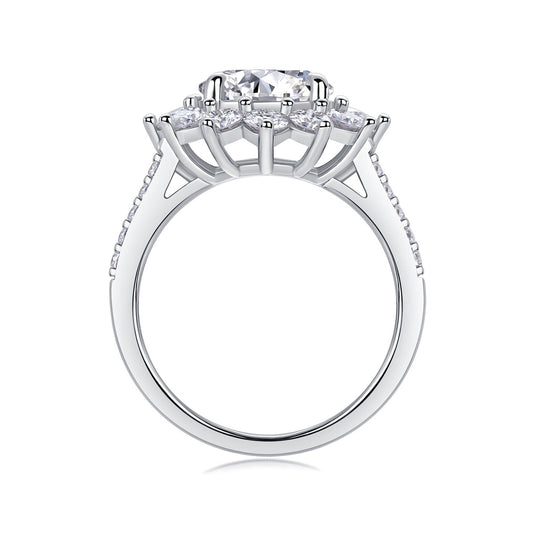 Round Moissanite Sunflower Halo Ring with Pear Petals in 925 Silver